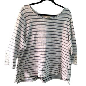 Sunday Womens Sz 3X White Blue Striped Long Sleeve Knit Top Terry Cloth Comfort